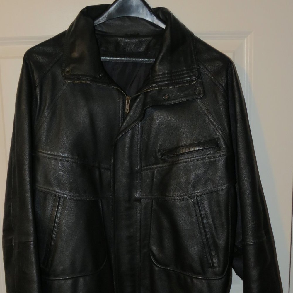 Large Black Leather Motorcycle Jacket, 3 Front Pockets